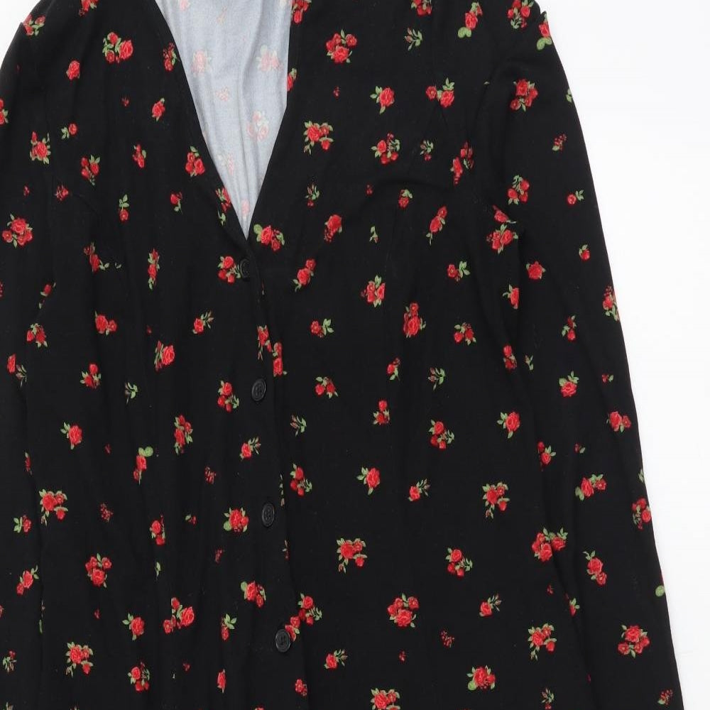 New Look Womens Black Floral Polyester A-Line Size 8 V-Neck Button