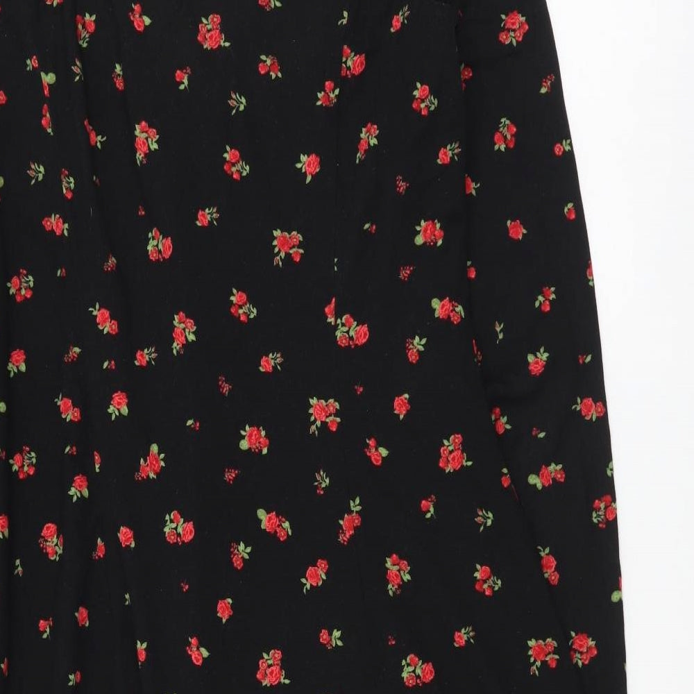 New Look Womens Black Floral Polyester A-Line Size 8 V-Neck Button