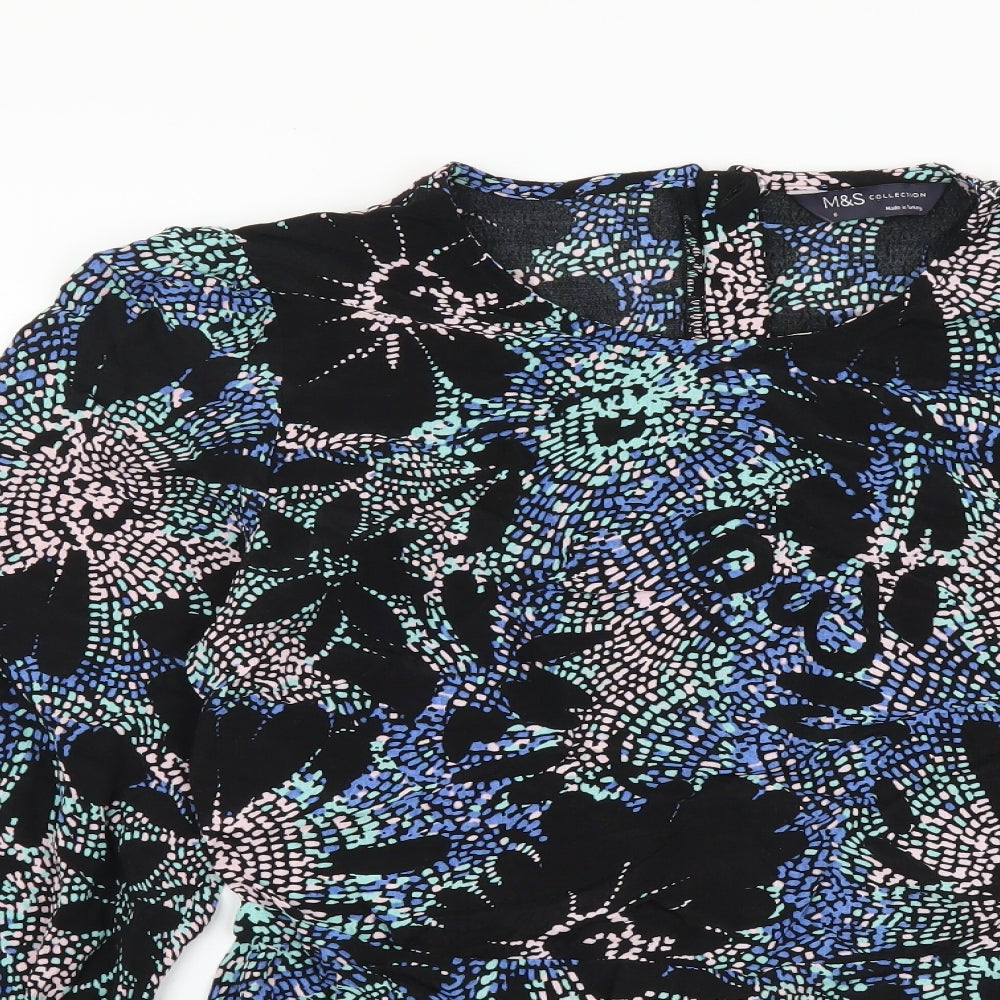 Marks and Spencer Womens Black Geometric Viscose Basic Blouse Size 8 Round Neck