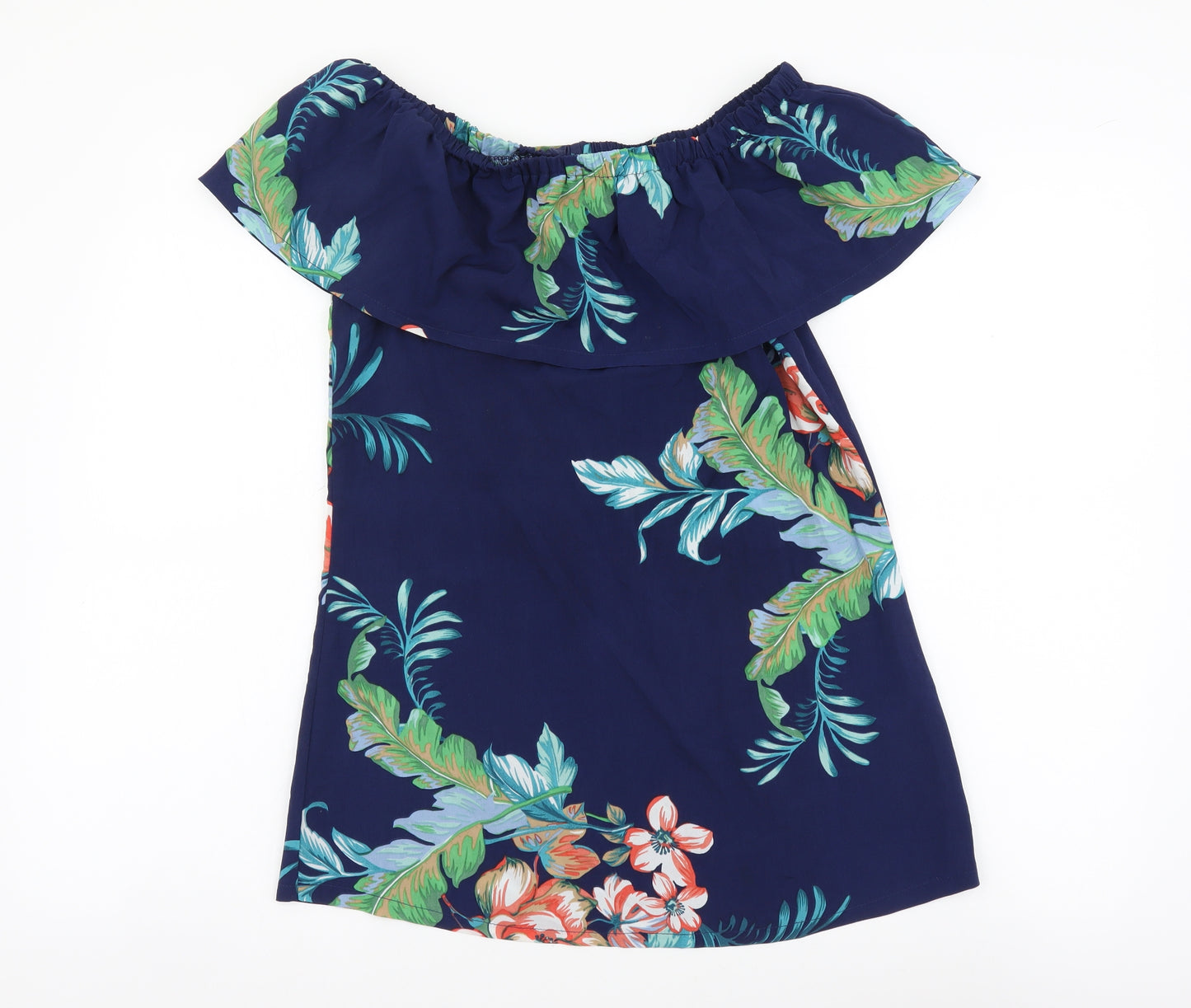 Rage Womens Blue Geometric Polyester Basic T-Shirt Size 10 Off the Shoulder
