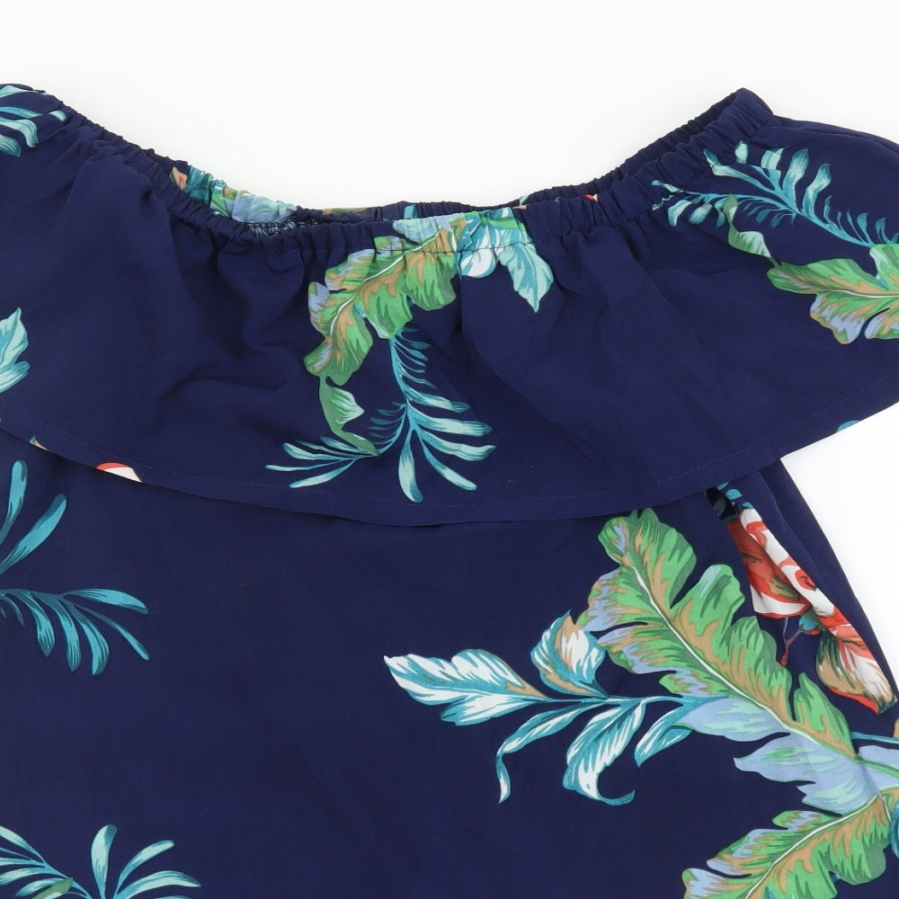 Rage Womens Blue Geometric Polyester Basic T-Shirt Size 10 Off the Shoulder