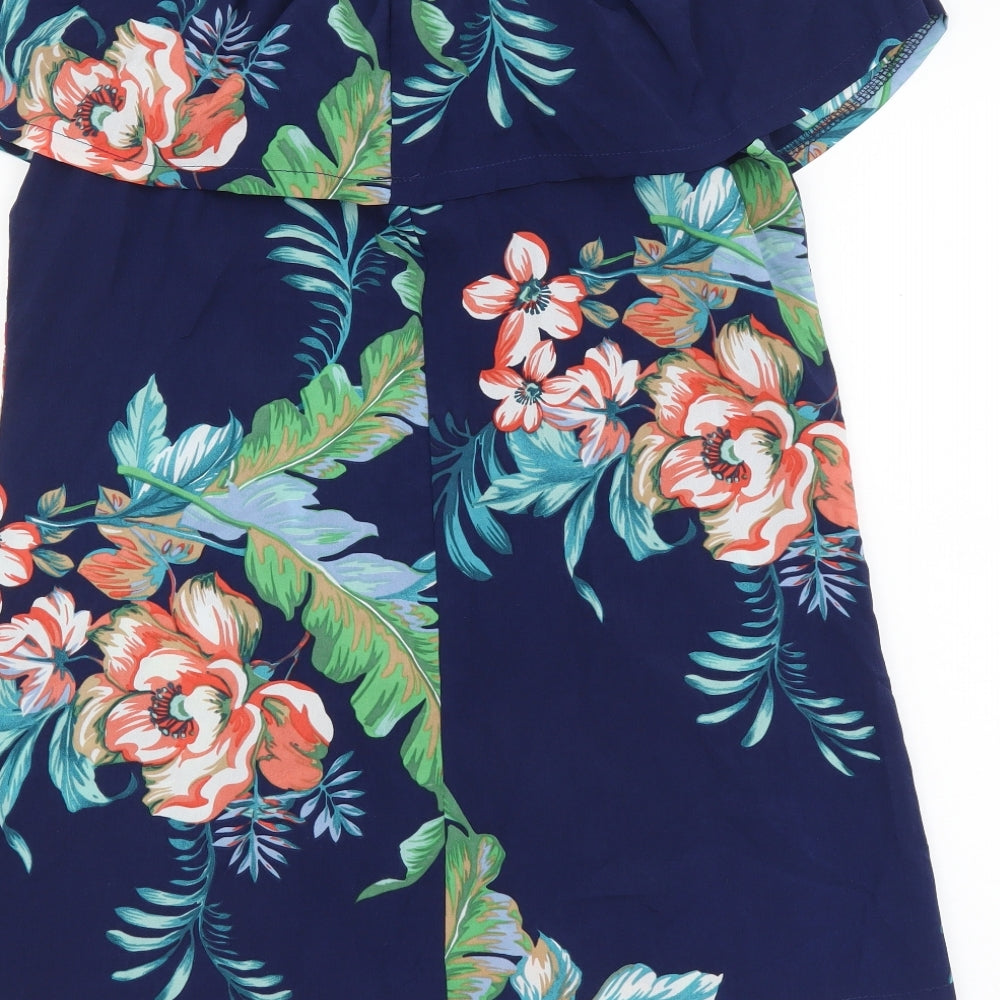 Rage Womens Blue Geometric Polyester Basic T-Shirt Size 10 Off the Shoulder