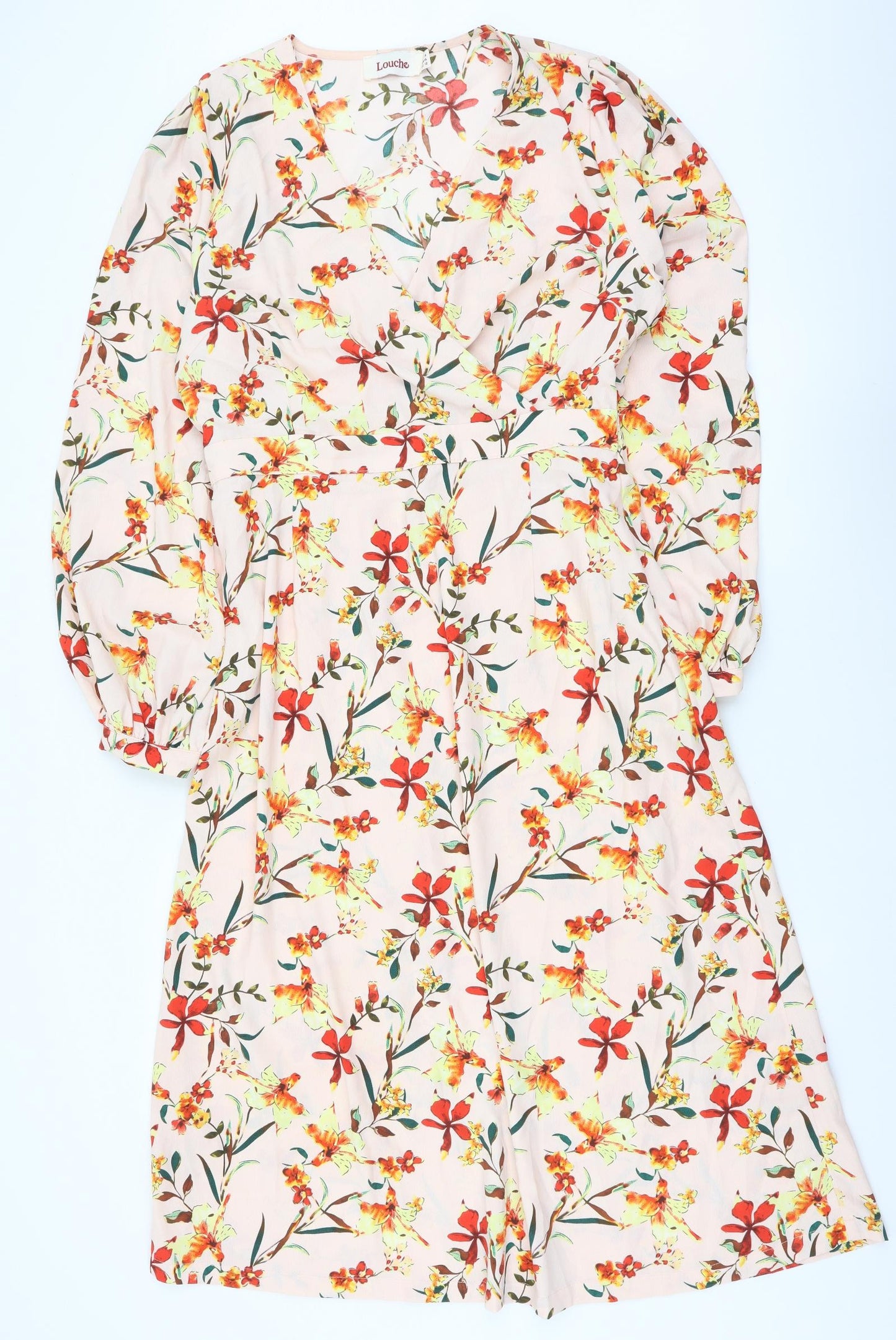 Louche Womens Pink Floral Polyester A-Line Size 16 V-Neck Zip