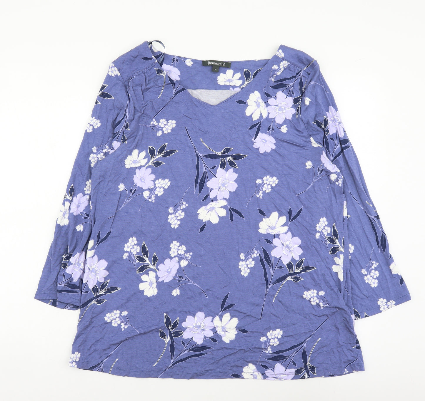 Bonmarché Womens Blue Geometric Viscose Basic T-Shirt Size 18 V-Neck