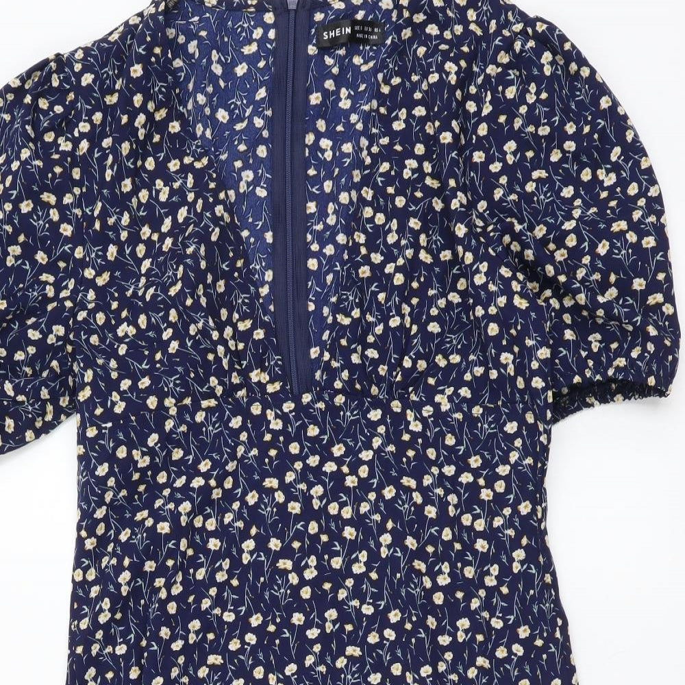 SheIn Womens Blue Floral Polyester Mini Size S V-Neck Zip