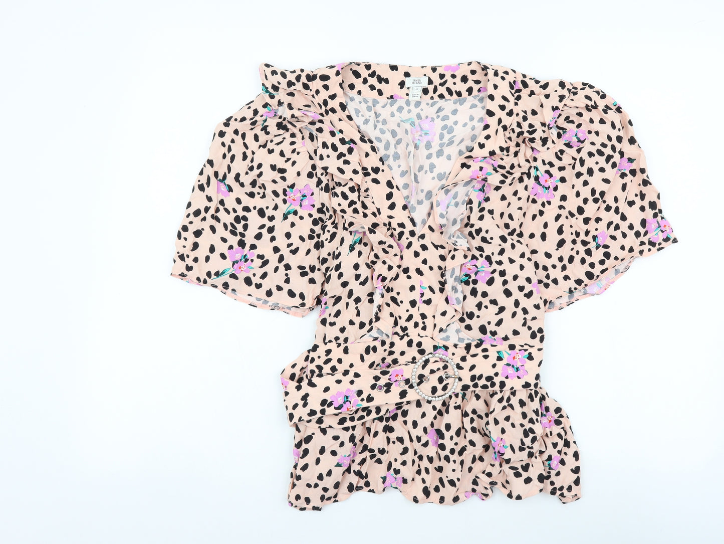 River Island Womens Pink Geometric Viscose Cropped Blouse Size 12 V-Neck