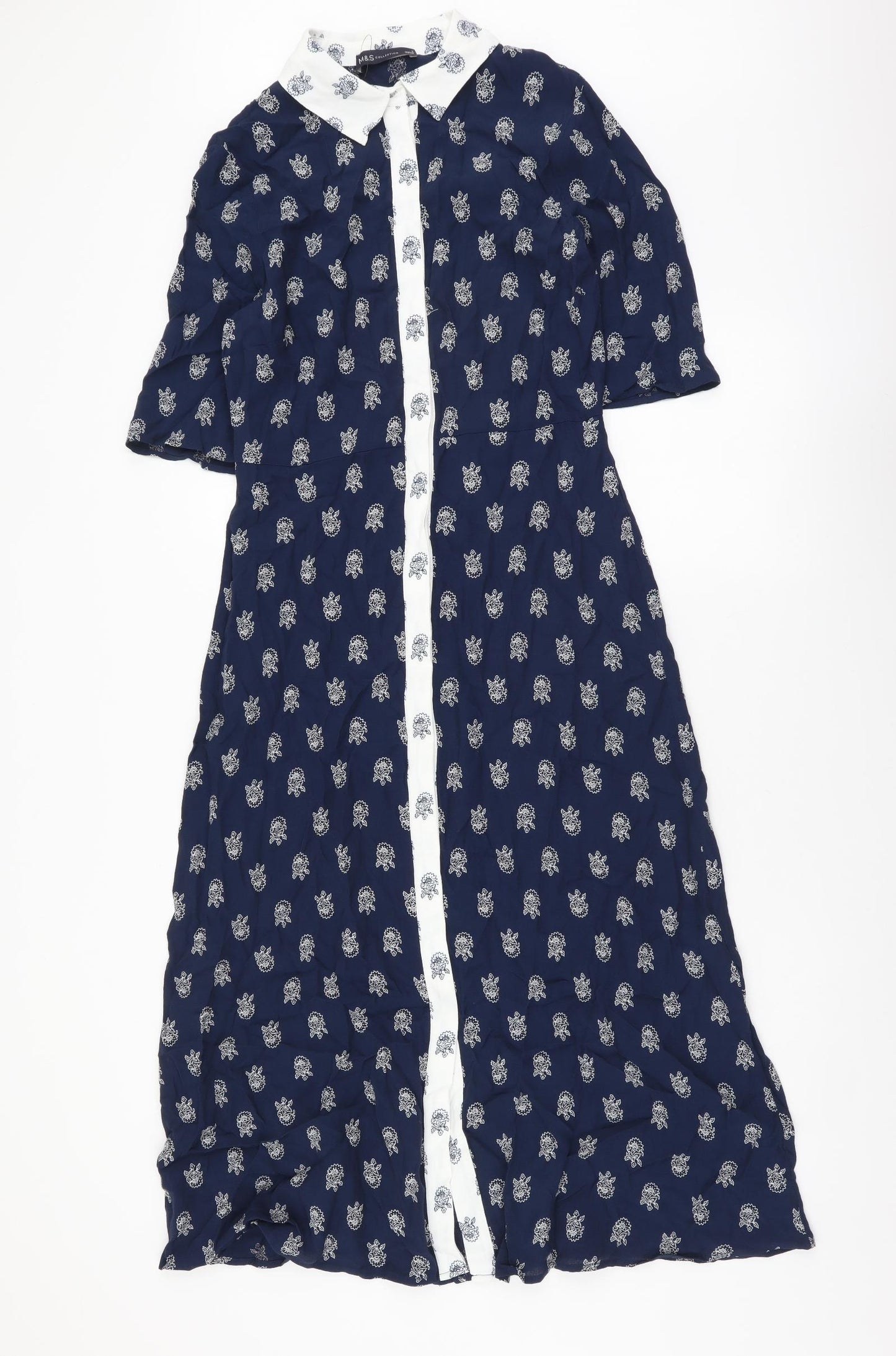 Marks and Spencer Womens Blue Floral Viscose Shirt Dress Size 8 Collared Button