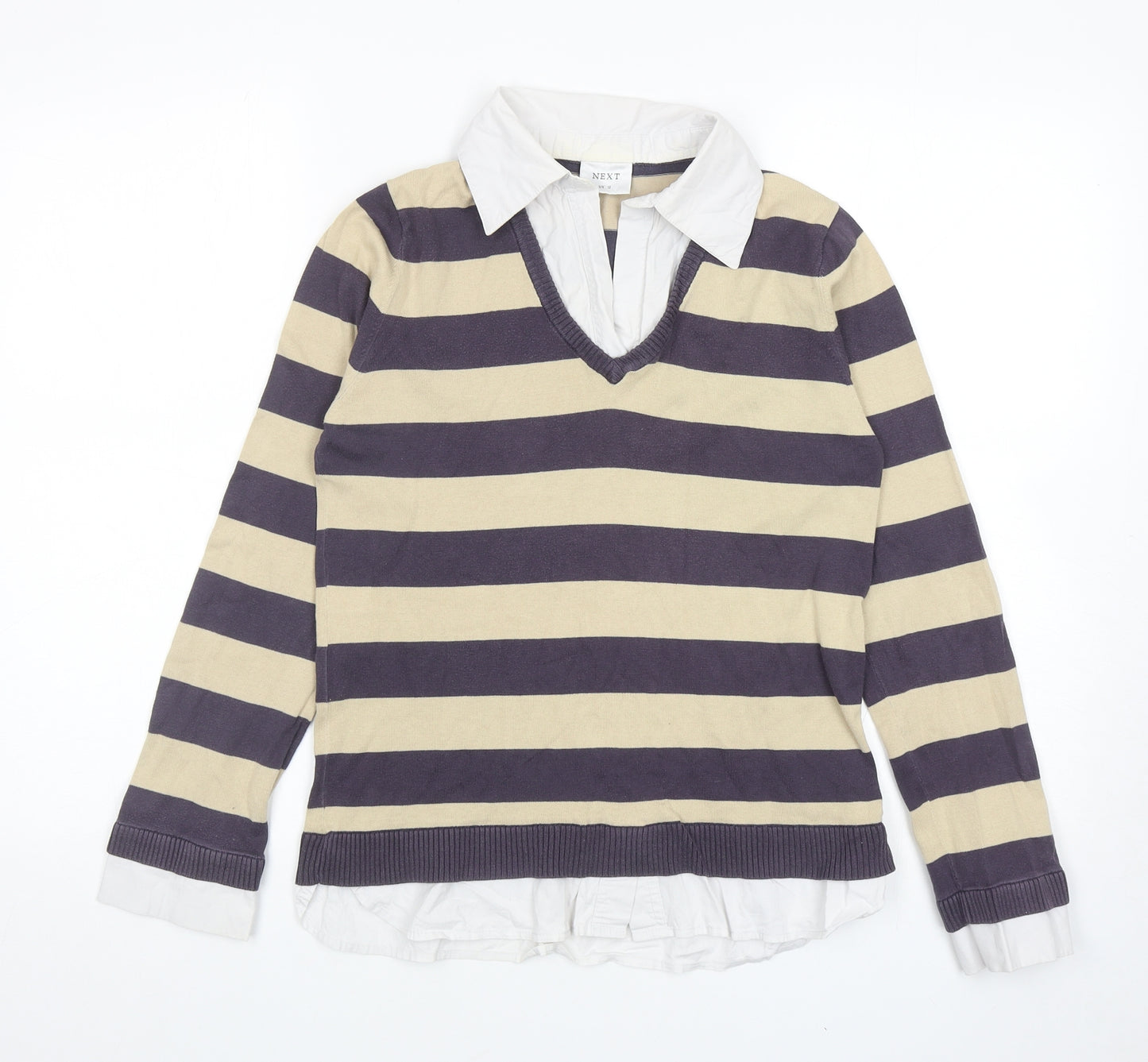 NEXT Womens Blue V-Neck Striped Cotton Pullover Jumper Size 12 - Collar