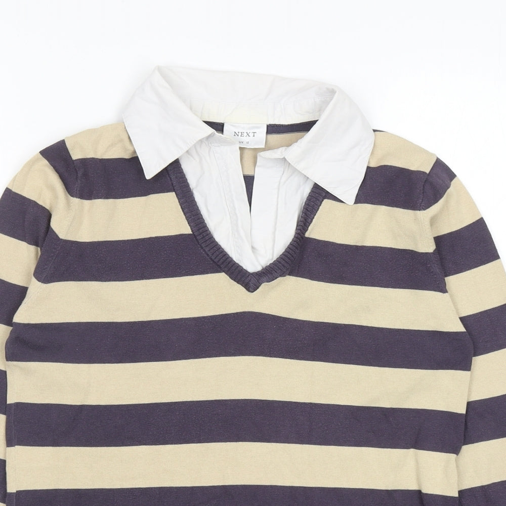 NEXT Womens Blue V-Neck Striped Cotton Pullover Jumper Size 12 - Collar