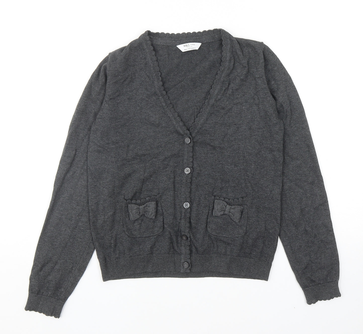 Marks and Spencer Girls Grey V-Neck Cotton Cardigan Jumper Size 11-12 Years Button