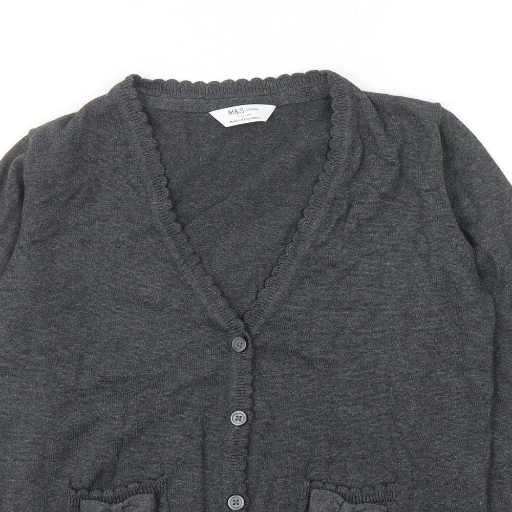 Marks and Spencer Girls Grey V-Neck Cotton Cardigan Jumper Size 11-12 Years Button