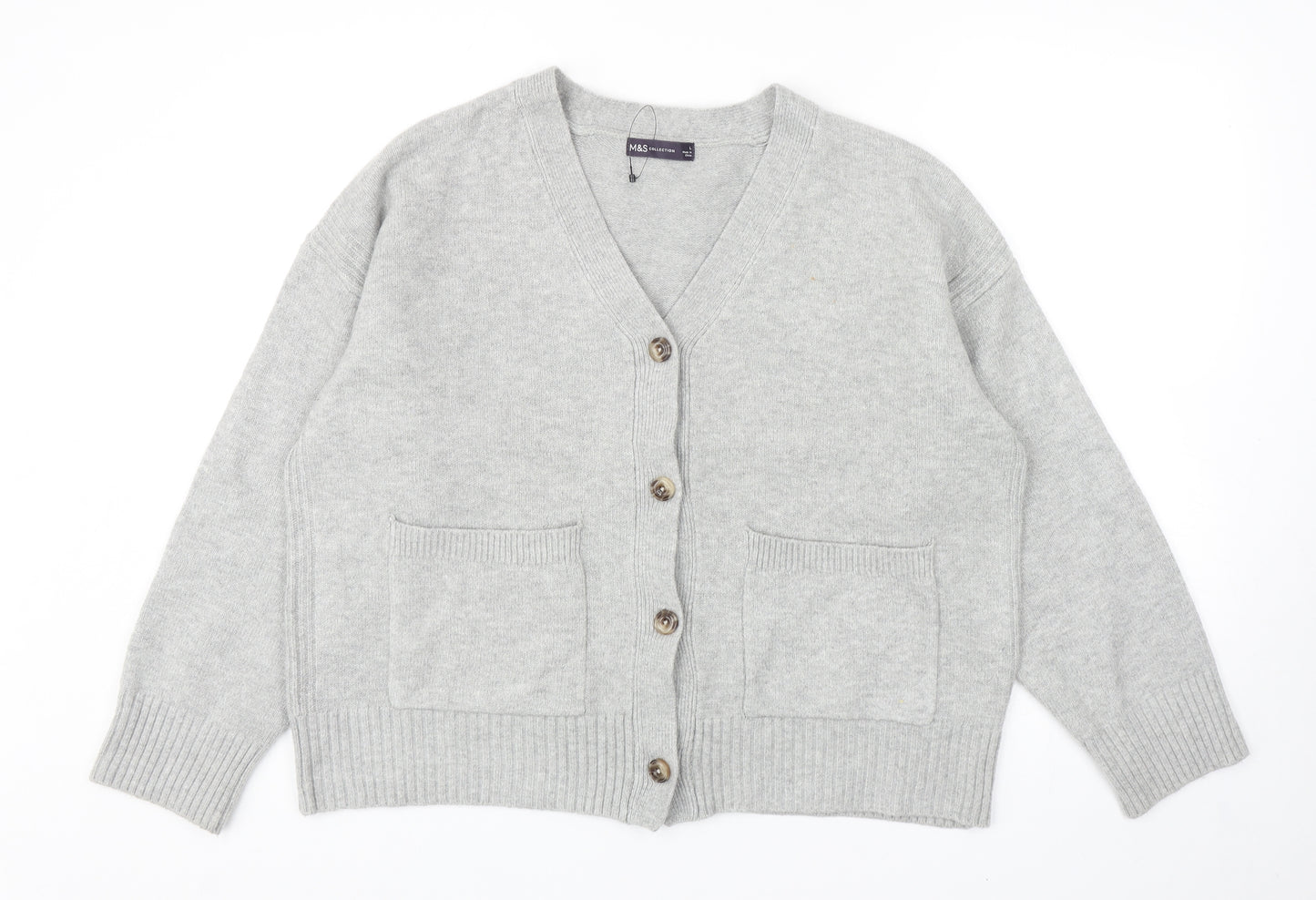 Marks and Spencer Womens Grey V-Neck Polyester Cardigan Jumper Size L