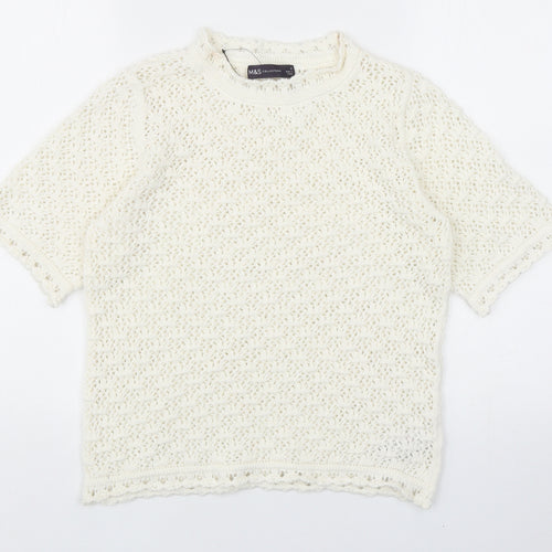 Marks and Spencer Womens White Round Neck Cotton Pullover Jumper Size S