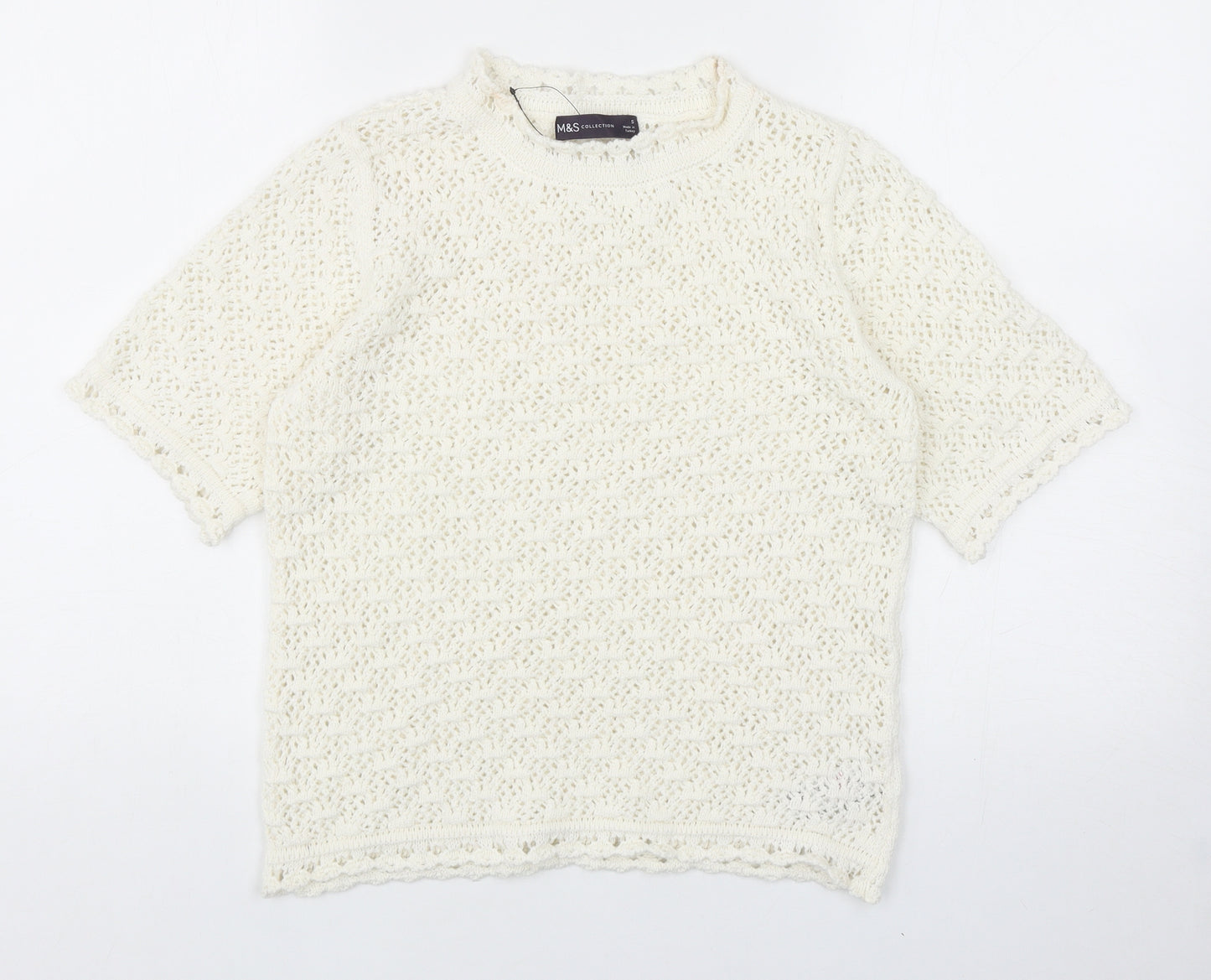 Marks and Spencer Womens White Round Neck Cotton Pullover Jumper Size S