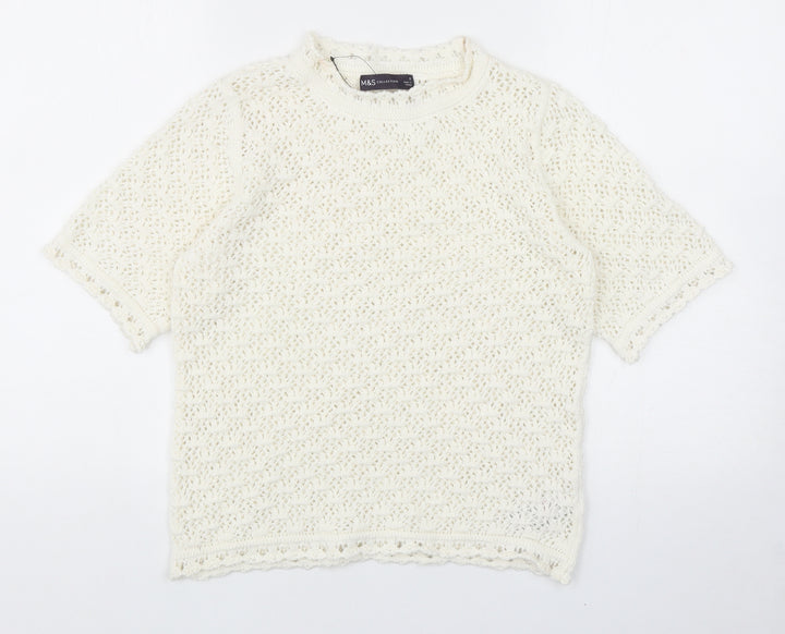 Marks and Spencer Womens White Round Neck Cotton Pullover Jumper Size S