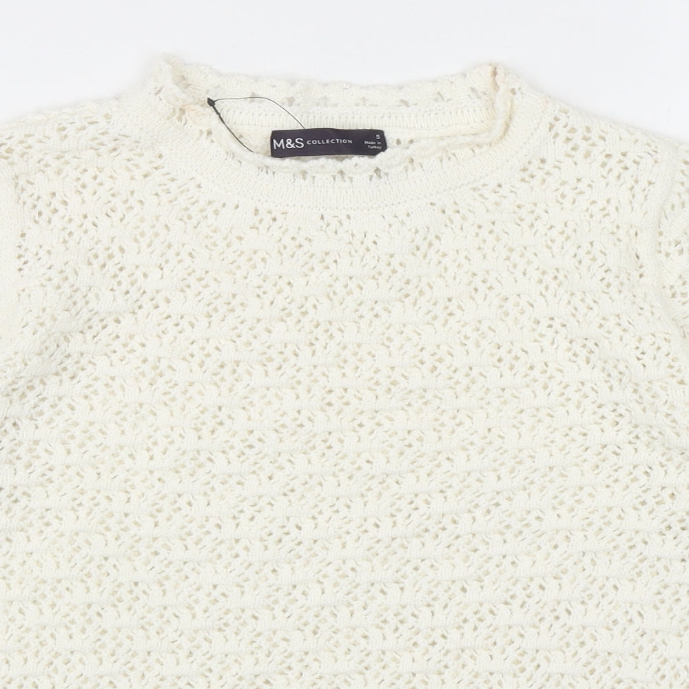 Marks and Spencer Womens White Round Neck Cotton Pullover Jumper Size S
