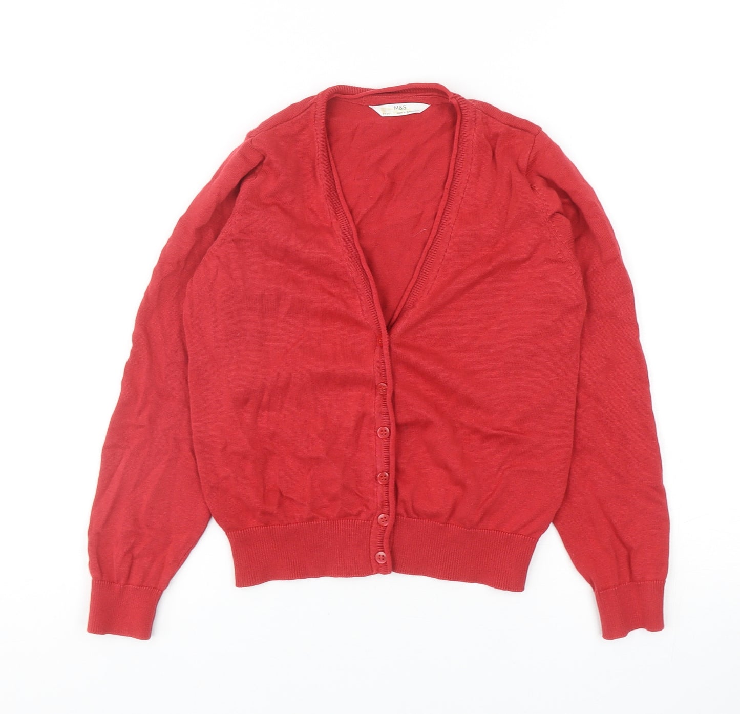 Marks and Spencer Girls Red V-Neck Cotton Cardigan Jumper Size 8-9 Years Button
