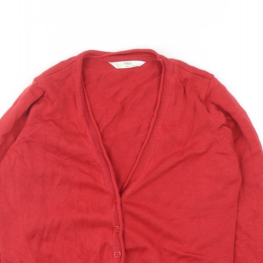 Marks and Spencer Girls Red V-Neck Cotton Cardigan Jumper Size 8-9 Years Button