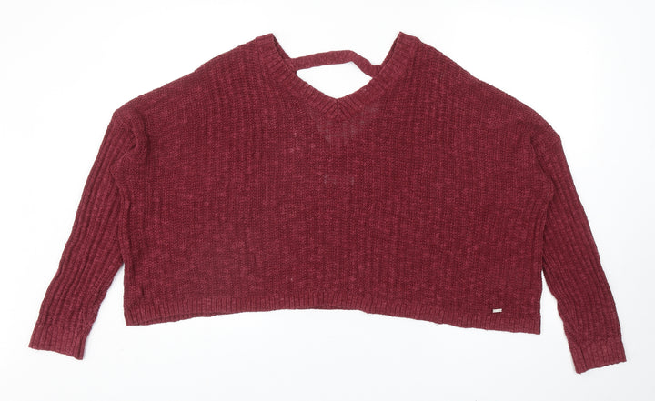 Hollister Womens Red V-Neck Cotton Pullover Jumper Size S - Cropped