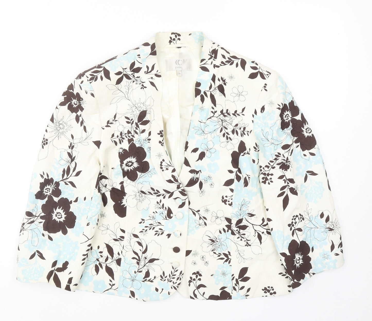 CC Womens Ivory Floral Silk Jacket Blazer Size 14