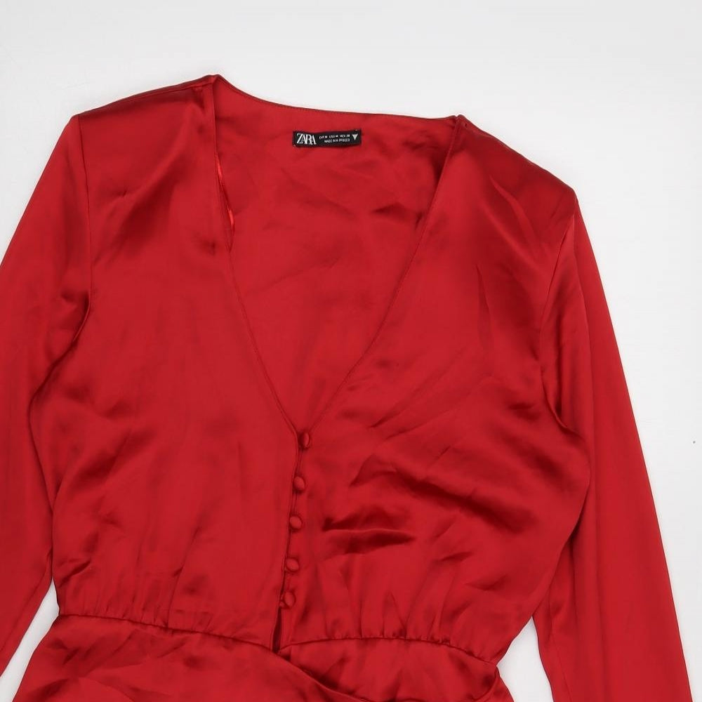Zara Womens Red Polyester Mini Size 12 V-Neck Button