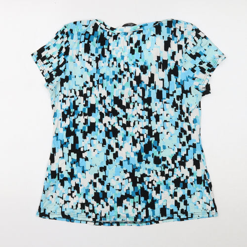 BM Womens Blue Geometric Viscose Basic T-Shirt Size 16 V-Neck