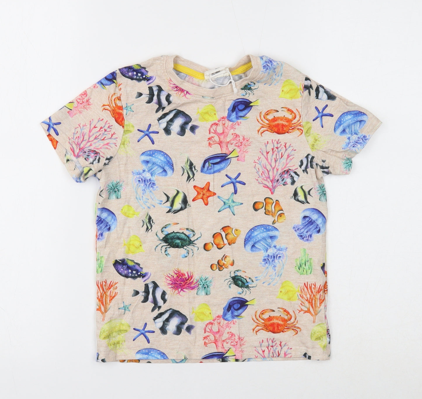 H&M Boys Ivory Geometric Cotton Basic T-Shirt Size 7-8 Years Round Neck Pullover