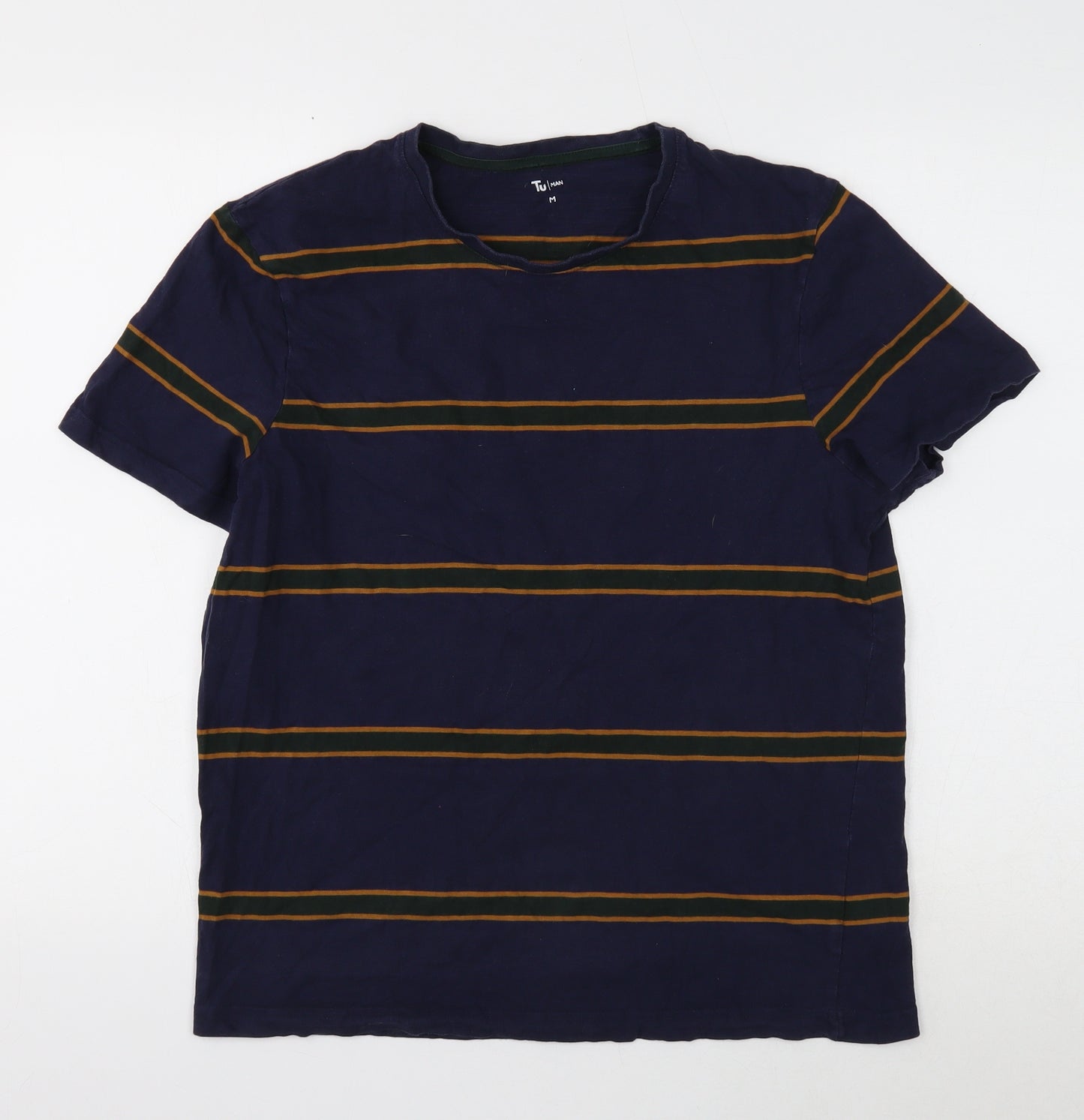 TU Mens Blue Striped Cotton T-Shirt Size M Round Neck