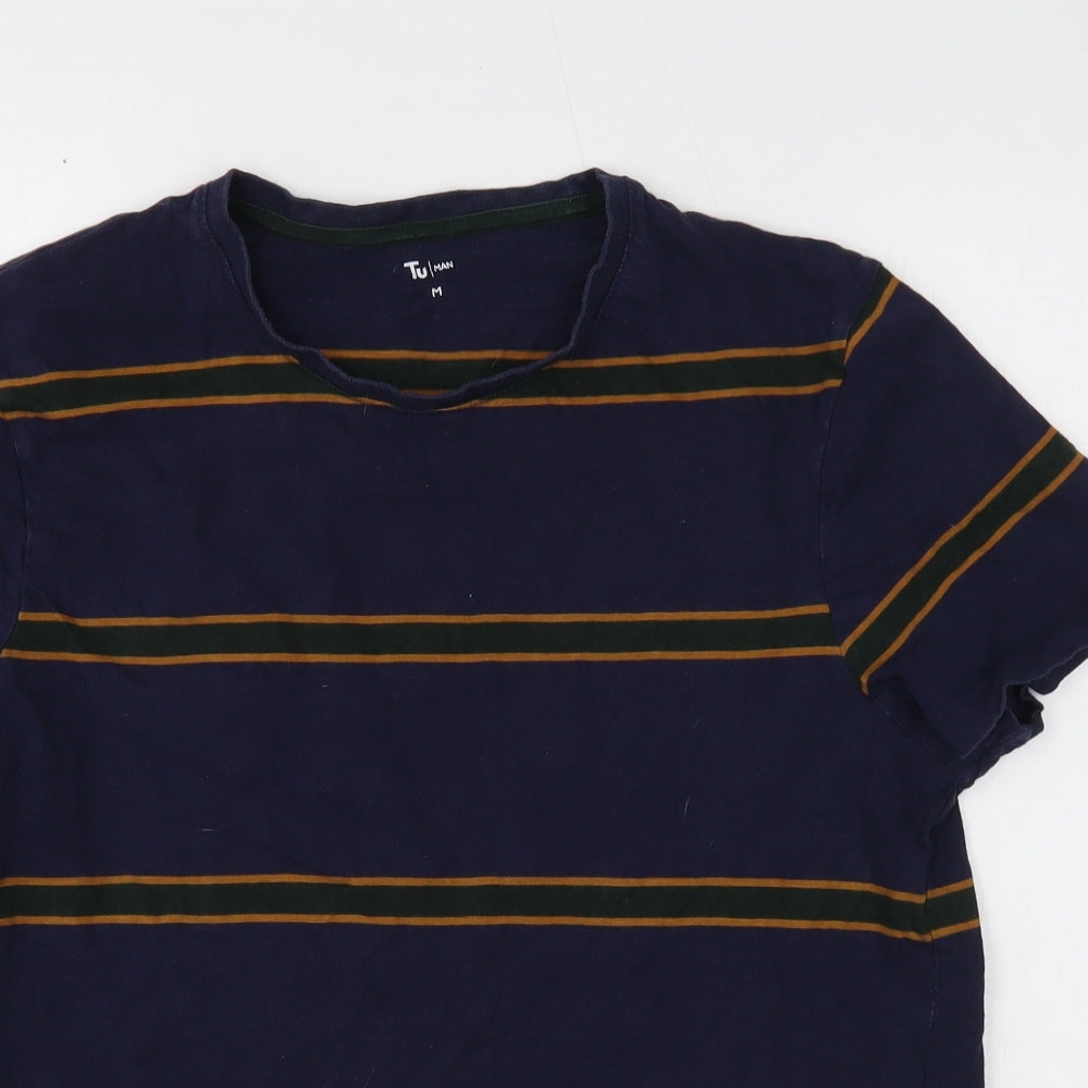 TU Mens Blue Striped Cotton T-Shirt Size M Round Neck