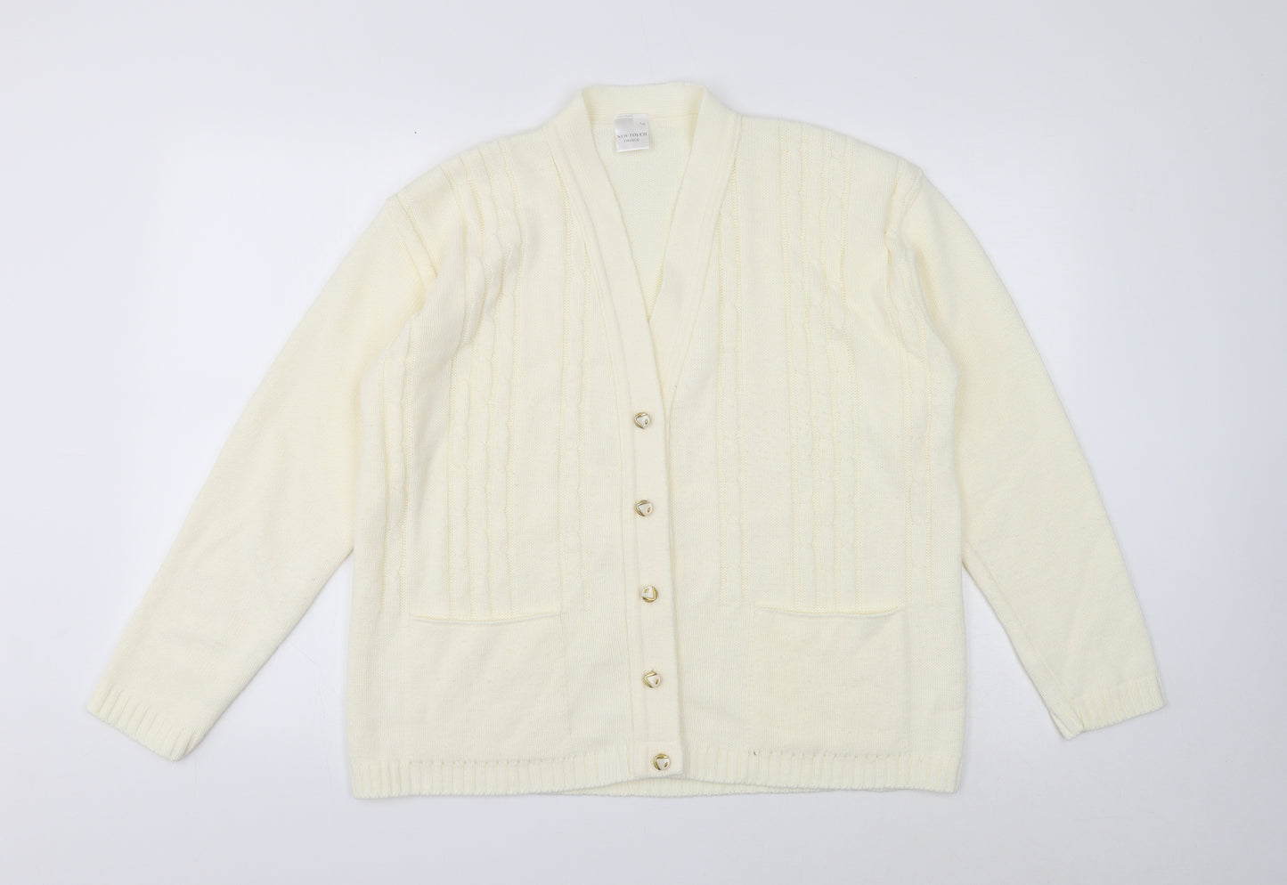 New Touch Womens White V-Neck Wool Cardigan Jumper Size M