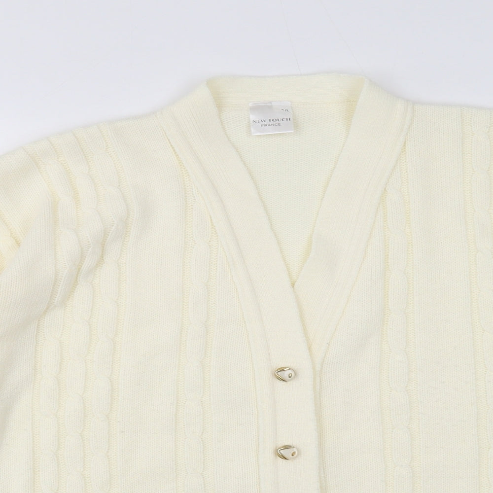 New Touch Womens White V-Neck Wool Cardigan Jumper Size M