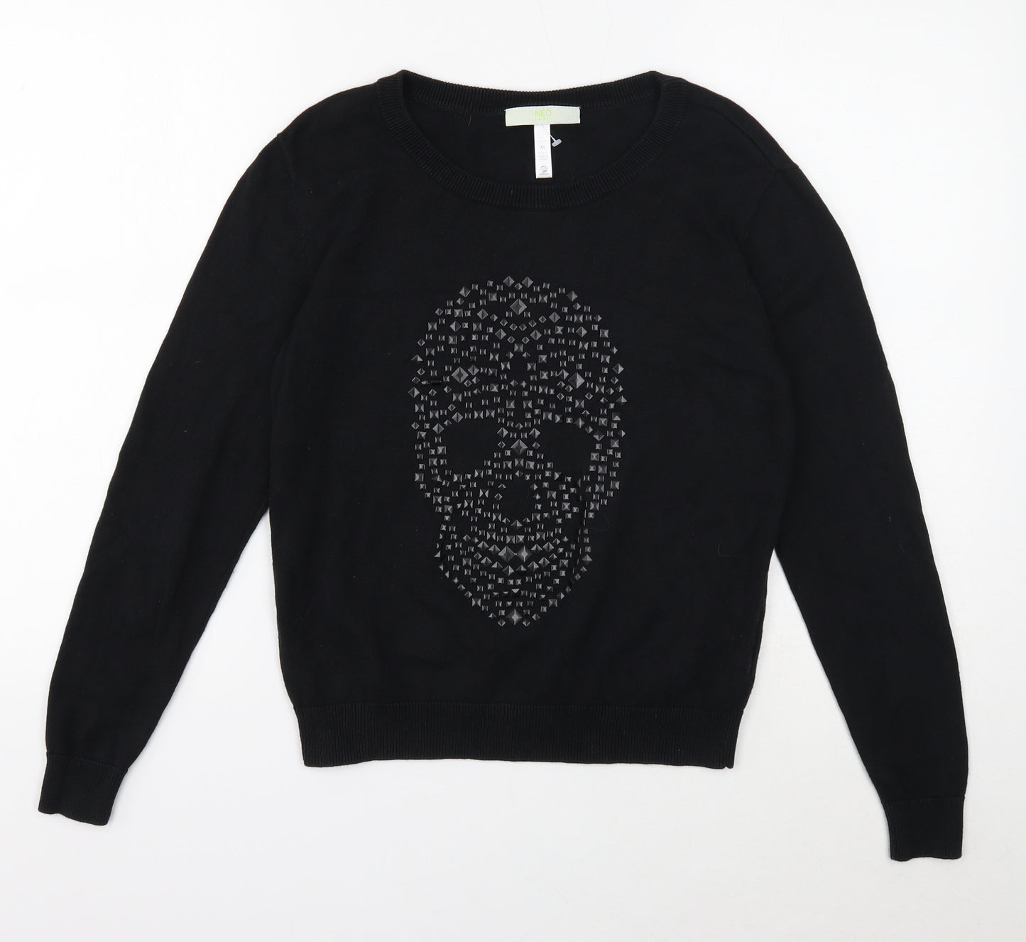 Neo Label Womens Black Round Neck Acrylic Pullover Jumper Size XS - Skull Detail