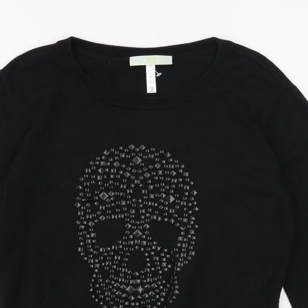 Neo Label Womens Black Round Neck Acrylic Pullover Jumper Size XS - Skull Detail