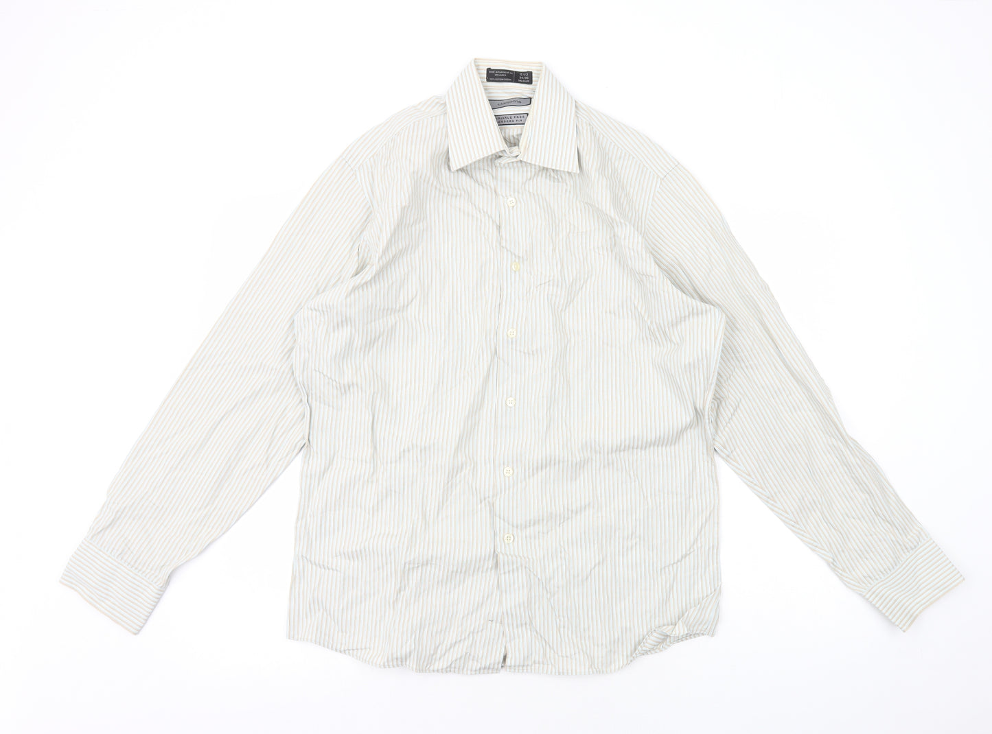Claiborne Mens Ivory Striped Cotton Dress Shirt Size M Collared Button