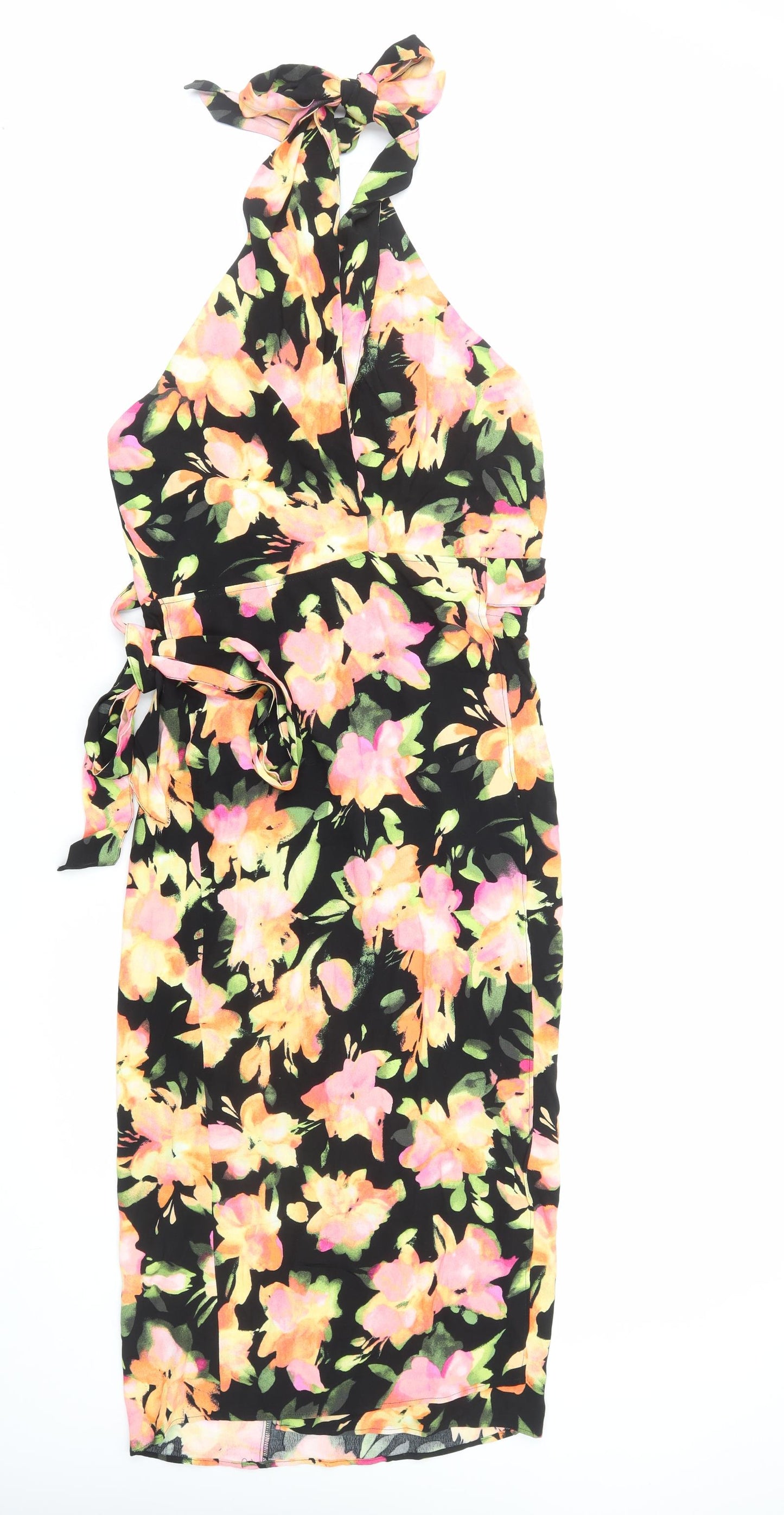H&M Womens Multicoloured Floral Viscose A-Line Size M Halter Tie