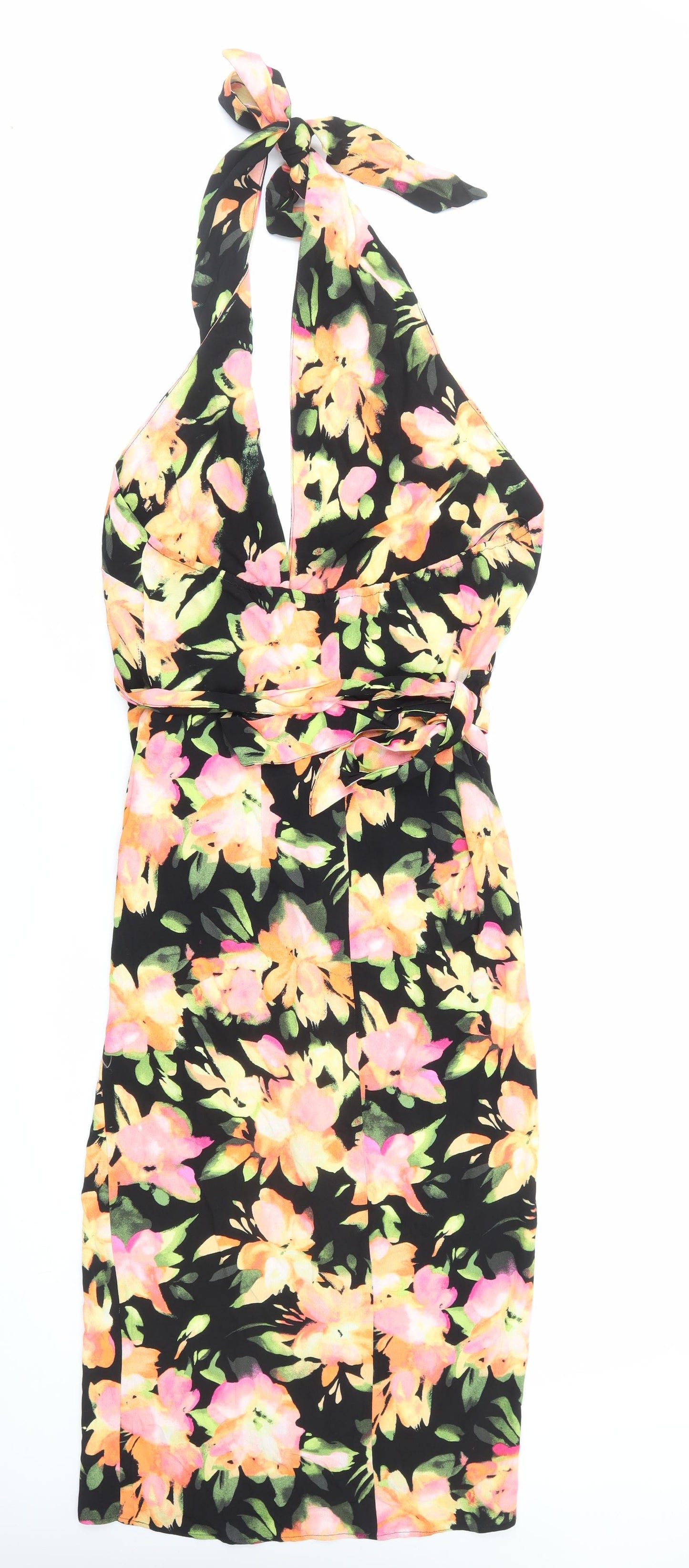 H&M Womens Multicoloured Floral Viscose A-Line Size M Halter Tie