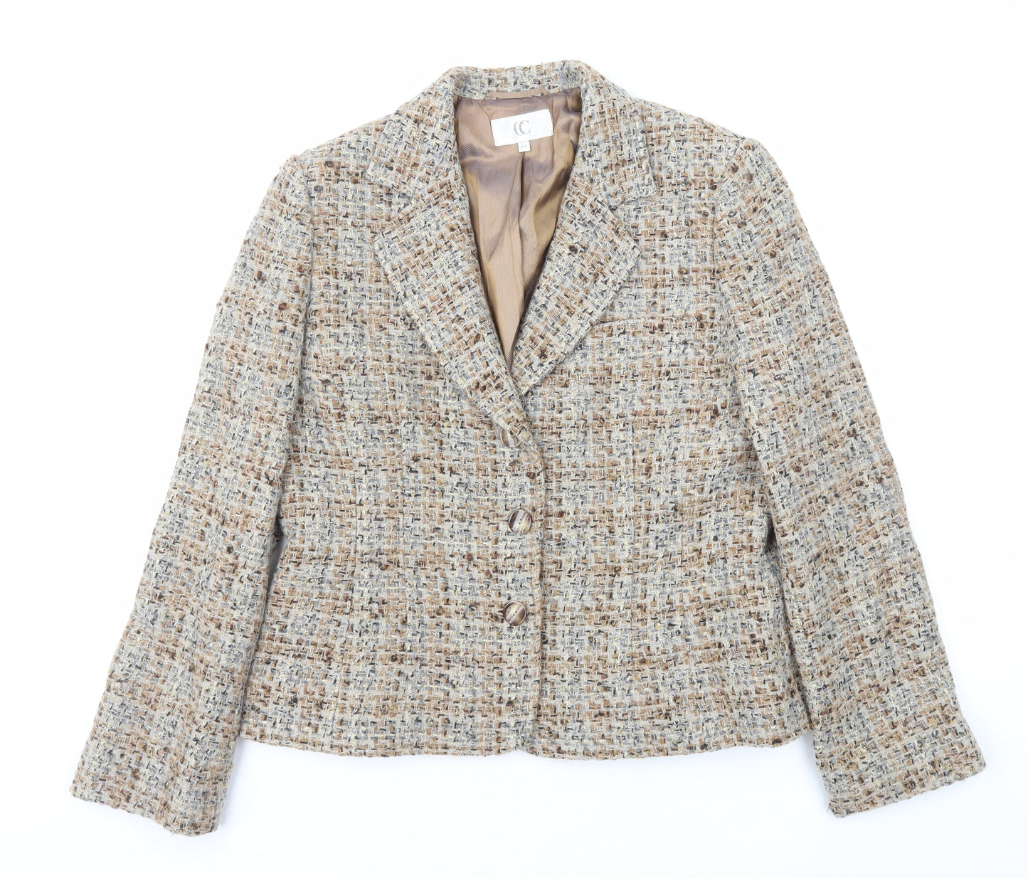 CC Womens Brown Geometric Jacket Blazer Size 14 Button