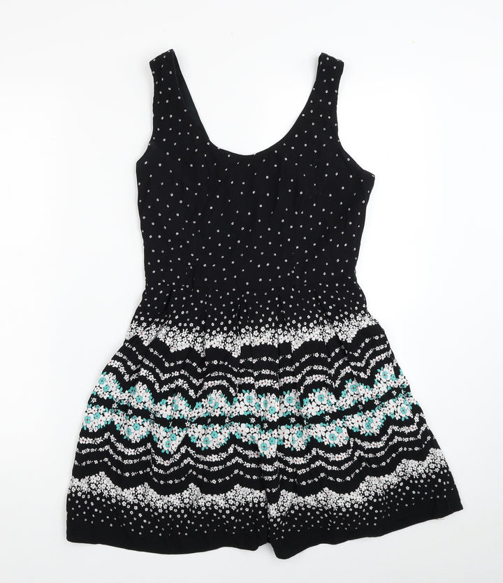 Debenhams Womens Black Floral Viscose Tank Dress Size 8 Scoop Neck Pullover