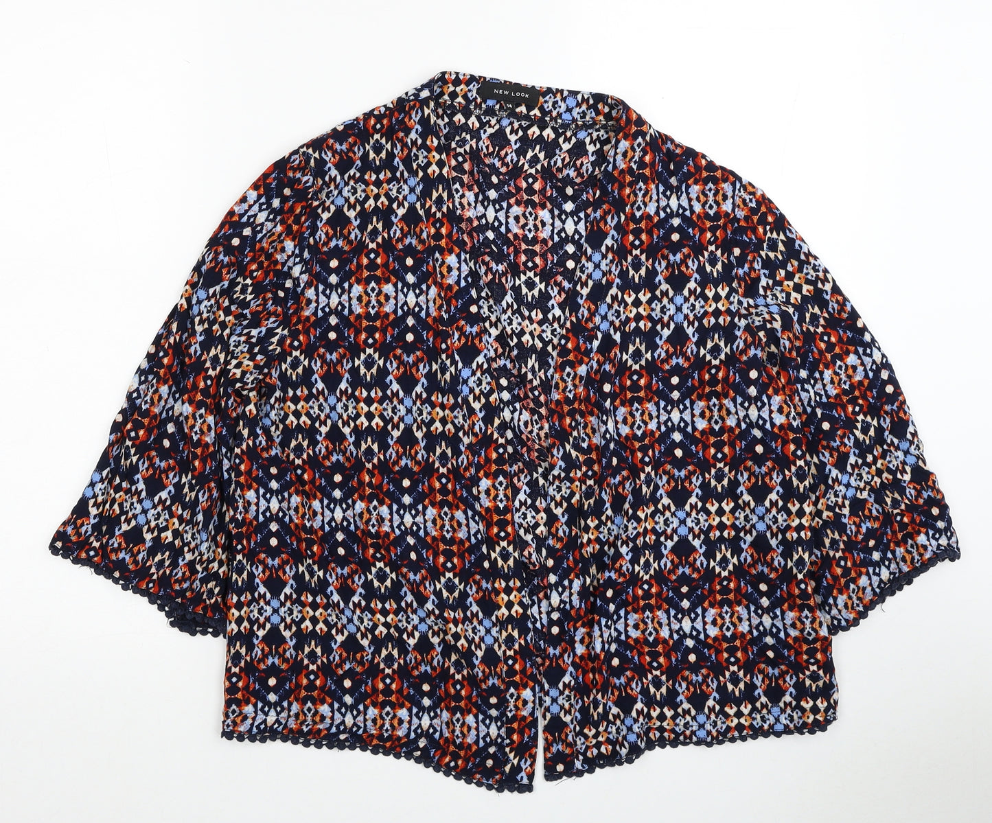 New Look Womens Multicoloured Geometric Viscose Basic Button-Up Size 14 Round Neck