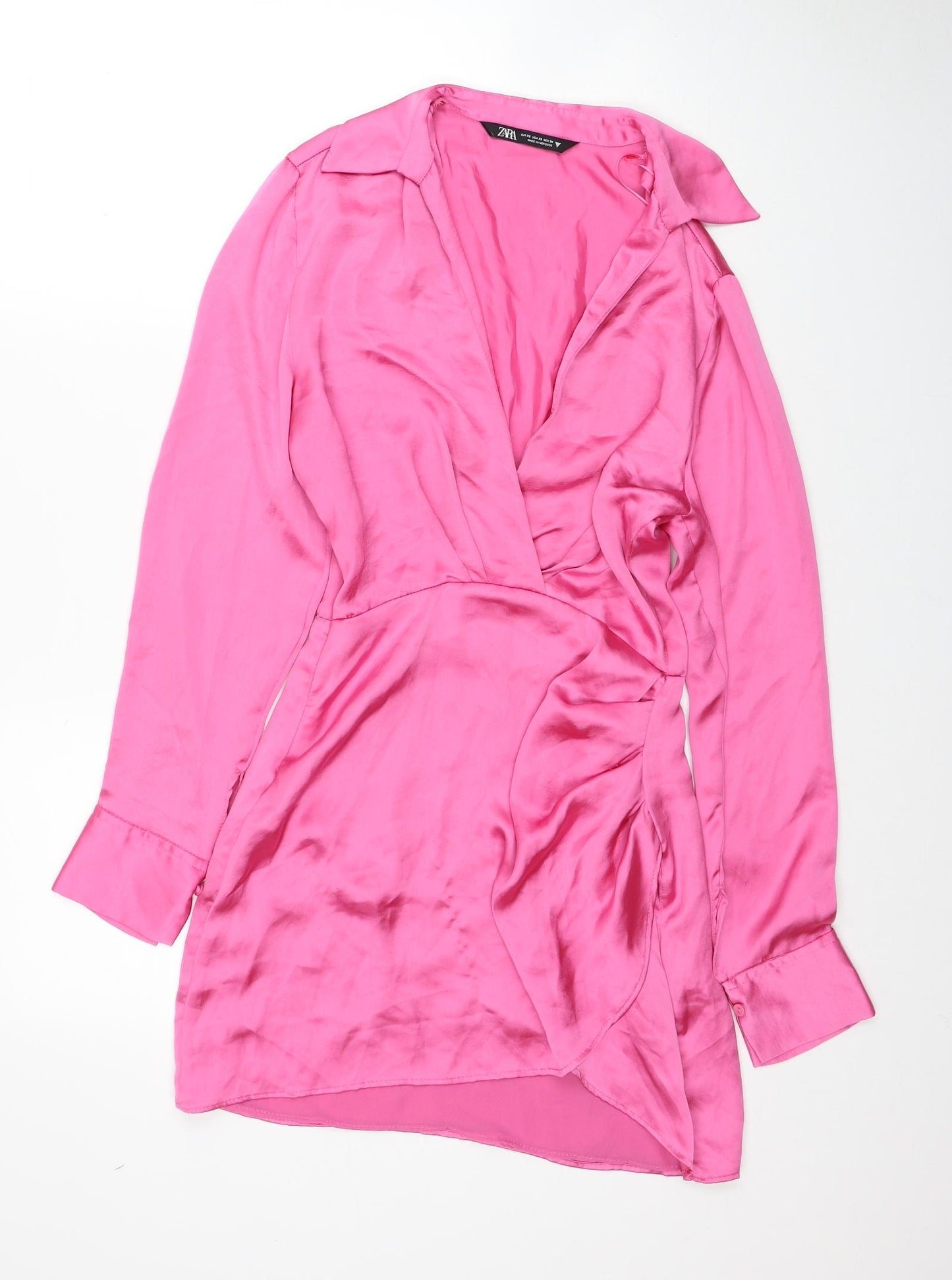 Zara Womens Pink Polyester Shirt Dress Size XS Collared Zip
