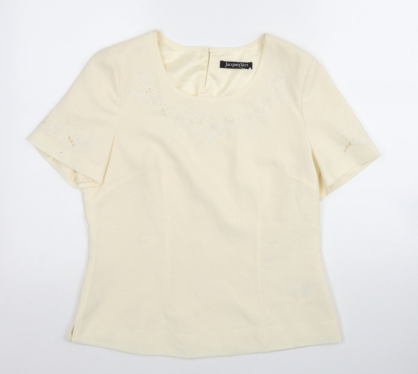 Jacques Vert Womens Ivory Polyester Basic T-Shirt Size 10 Round Neck - Lace detail