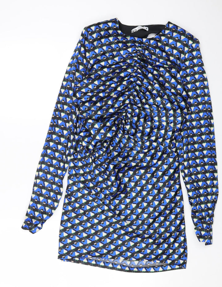 Zara Womens Blue Geometric Polyester Shift Size M Round Neck Zip
