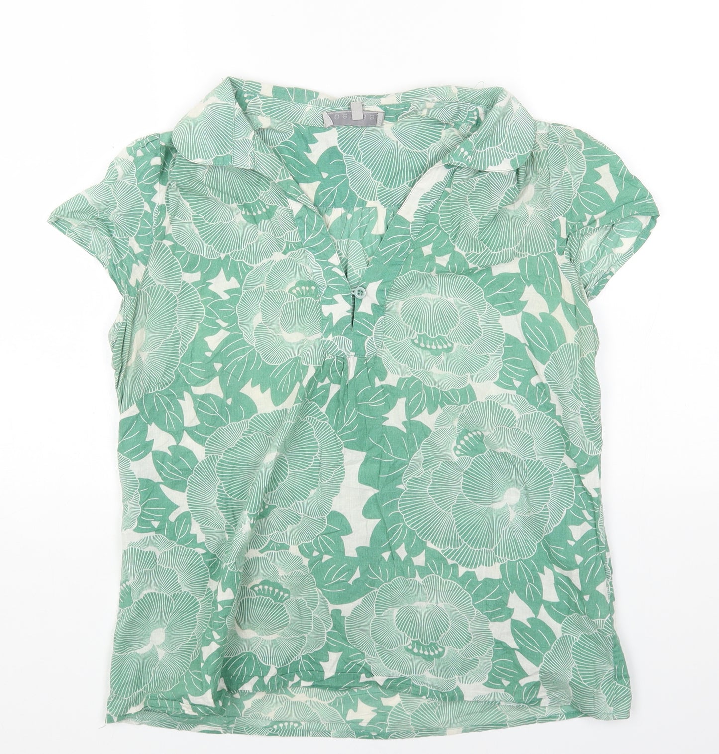 Per Se Womens Green Floral Cotton Basic Blouse Size 14 V-Neck