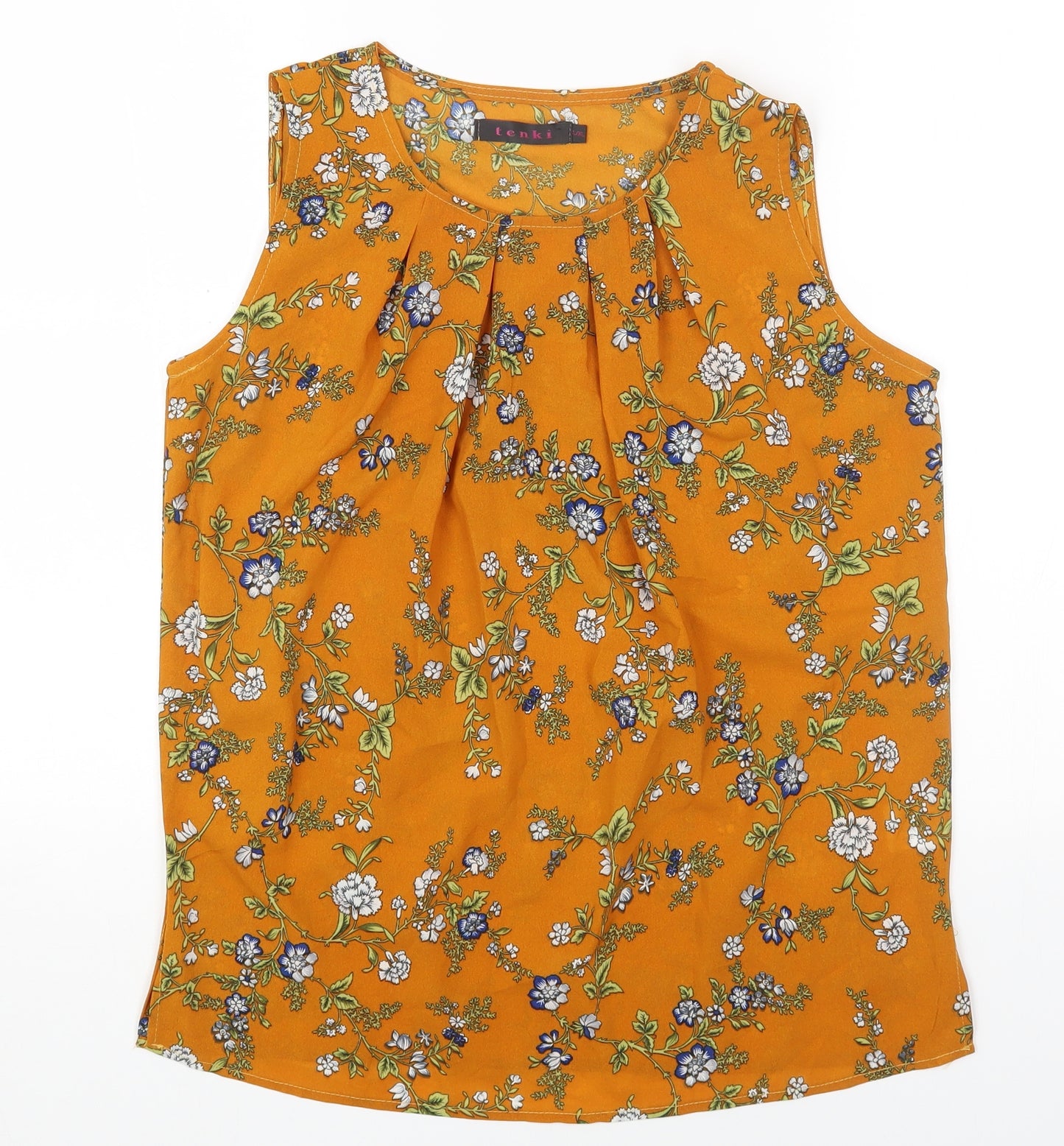 TENKI Womens Orange Floral Polyester Basic Blouse Size L Scoop Neck