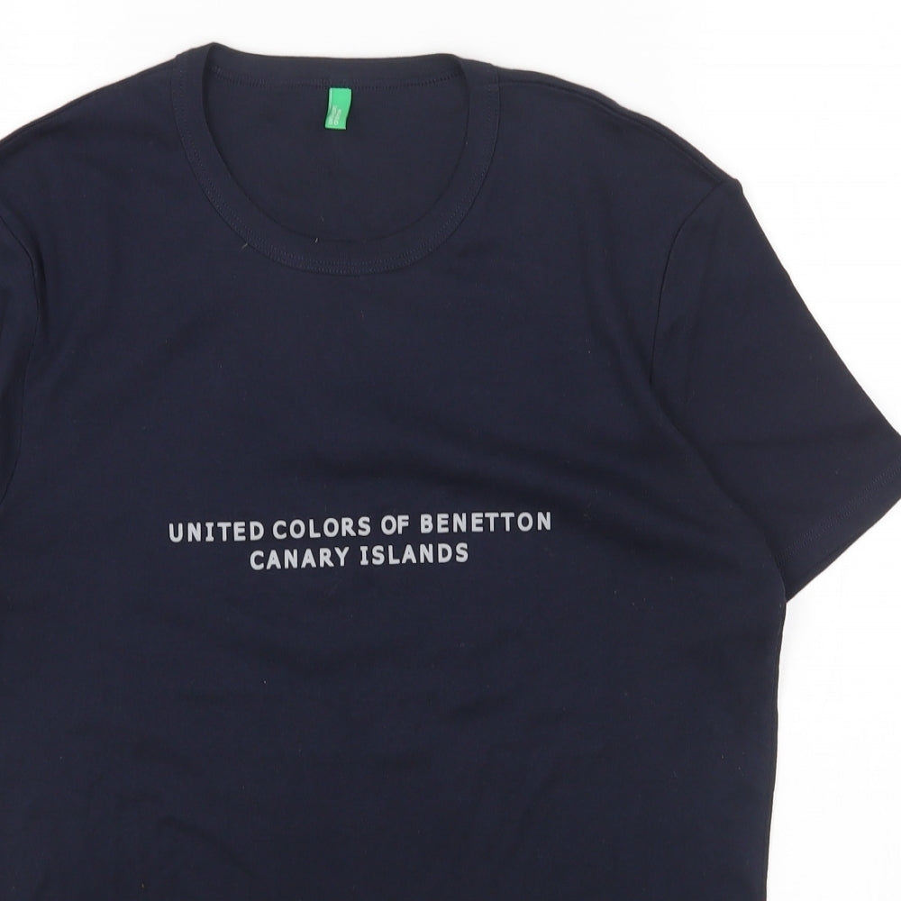 United Colors of Benetton Womens Blue Cotton Basic T-Shirt Size M Round Neck - Canary Islands