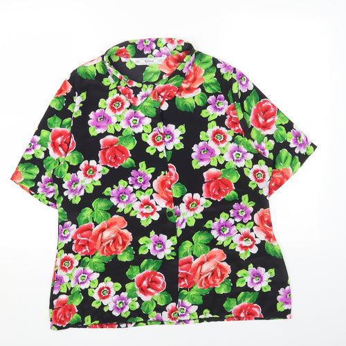 Gina Womens Black Floral Polyester Basic Button-Up Size 16 Collared