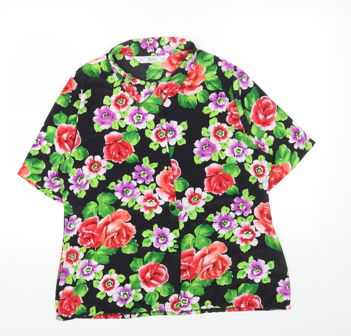 Gina Womens Black Floral Polyester Basic Button-Up Size 16 Collared