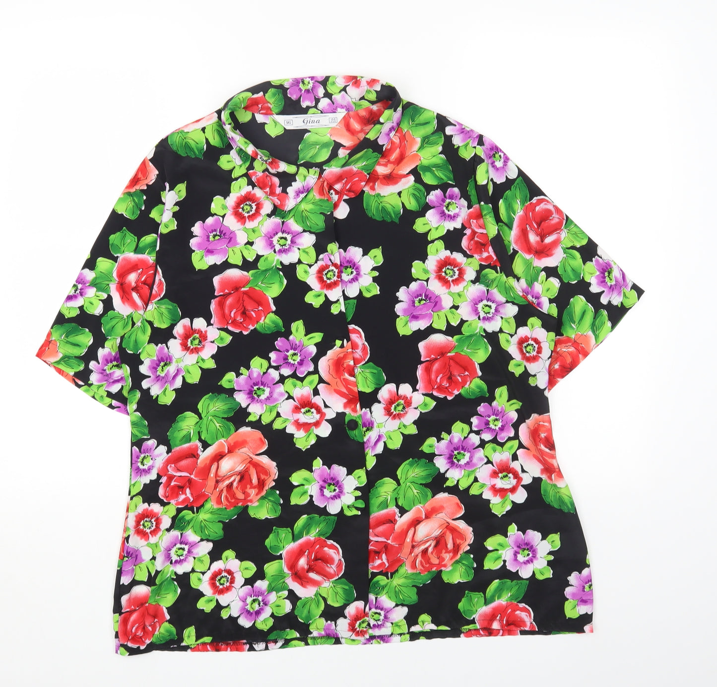 Gina Womens Black Floral Polyester Basic Button-Up Size 16 Collared