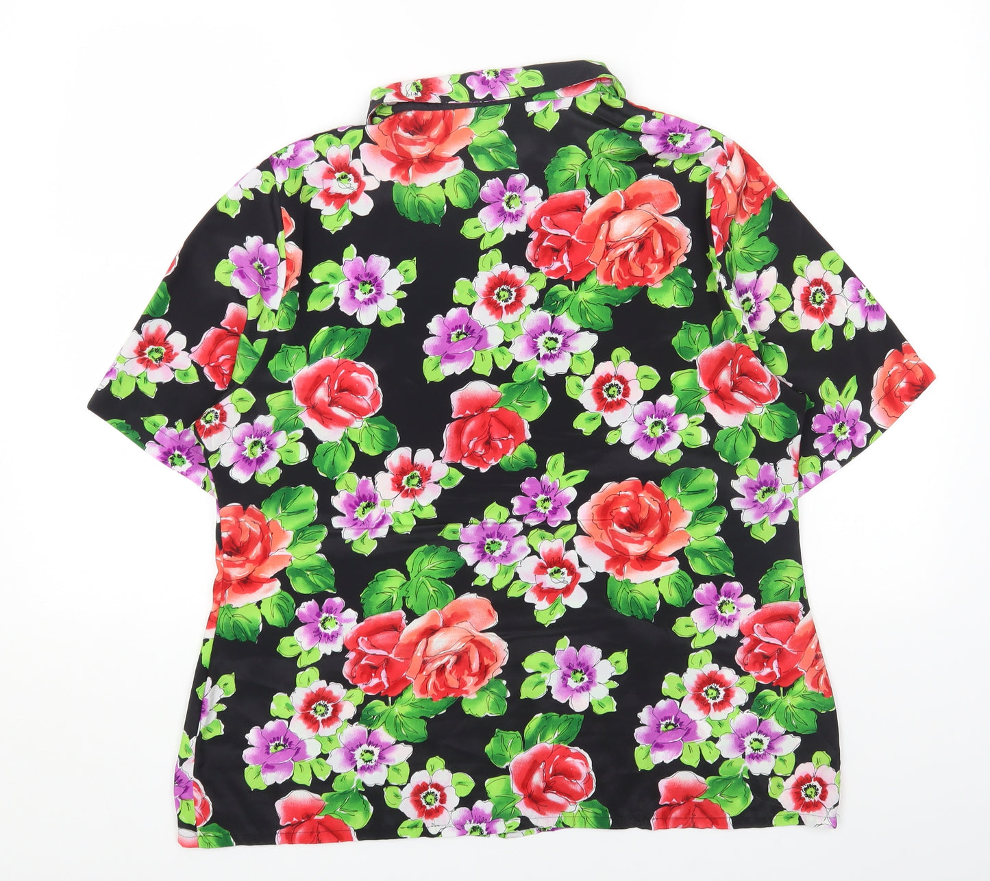 Gina Womens Black Floral Polyester Basic Button-Up Size 16 Collared
