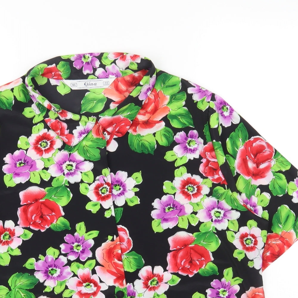 Gina Womens Black Floral Polyester Basic Button-Up Size 16 Collared
